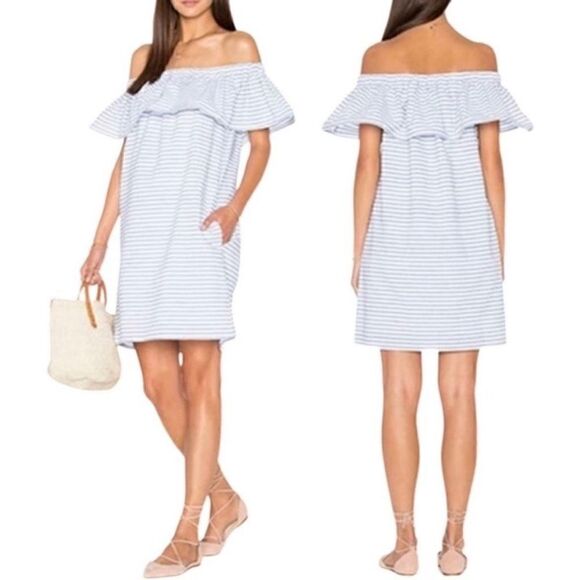 Line & Dot Lea Ruffle Mini Dress Off The Shoulder French Blue Stripe Large New - Picture 1 of 15